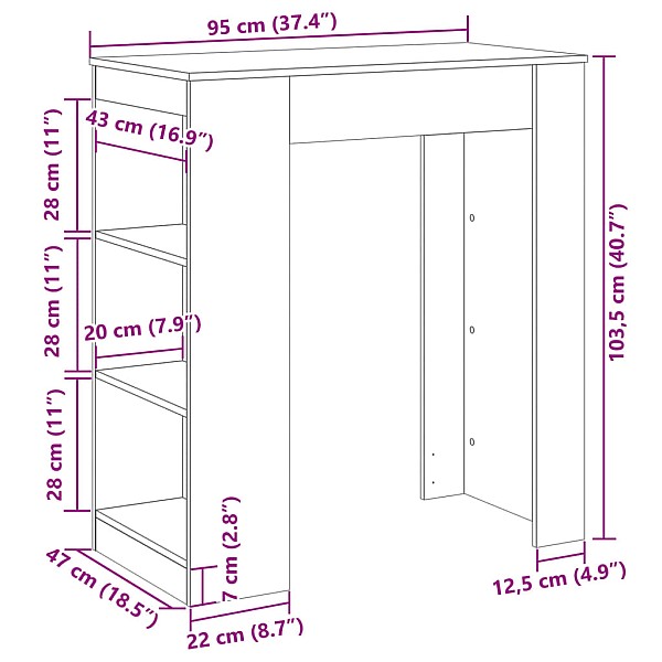 bāra galds ar plauktiem, melns, 95x47x103,5 cm