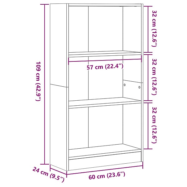 grāmatu plaukts, ozola krāsa, 60x24x109 cm, inženierijas koks