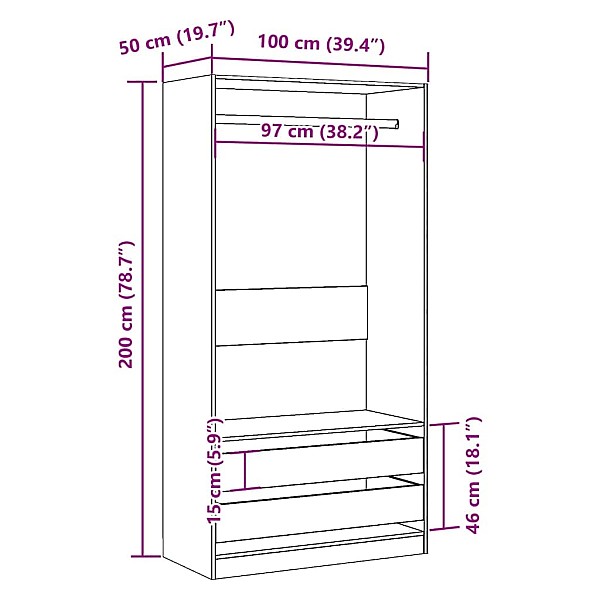 drēbju skapis, koka krāsa, 100x50x200 cm, inženierijas koks