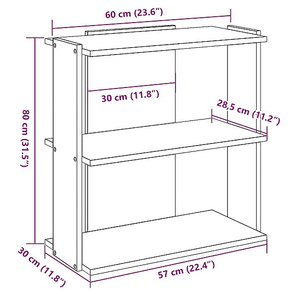 grāmatu plaukts, 3 līmeņi, pelēks, 60x30x80 cm, koks