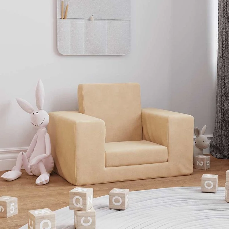 Vaikiška sofa-lova, kreminės spalvos, minkštas pliušas Vaikiška sofa-lova, kreminės spalvos, minkštas pliušas
