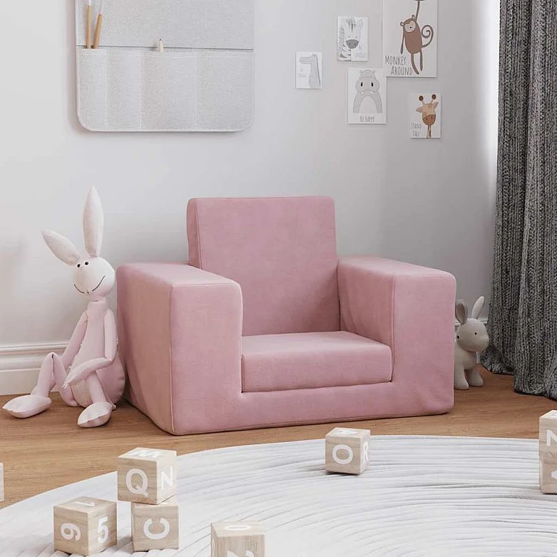 Vaikiška sofa-lova, rožinės spalvos, minkštas pliušas Vaikiška sofa-lova, rožinės spalvos, minkštas pliušas