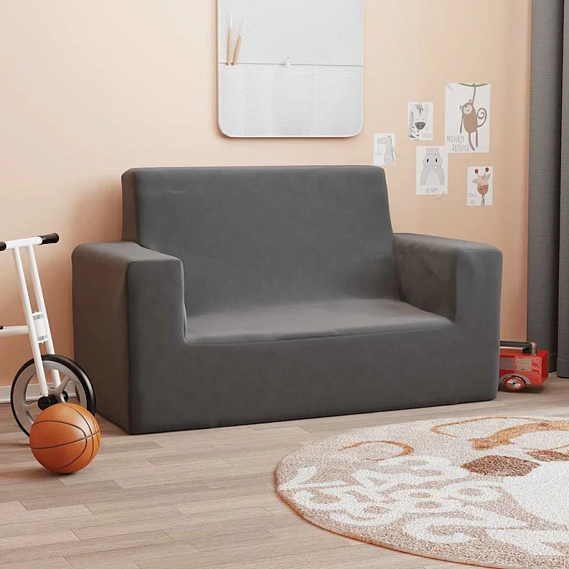 Dvivietė vaikiška sofa, antracito spalvos, minkštas pliušas Dvivietė vaikiška sofa, antracito spalvos, minkštas pliušas
