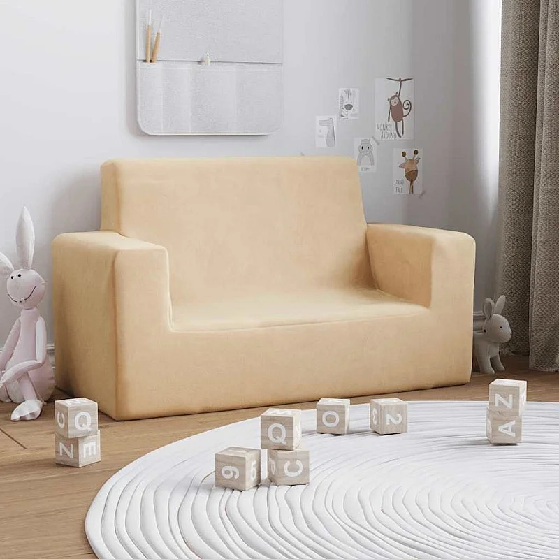 Dvivietė vaikiška sofa, kreminės spalvos, minkštas pliušas Dvivietė vaikiška sofa, kreminės spalvos, minkštas pliušas