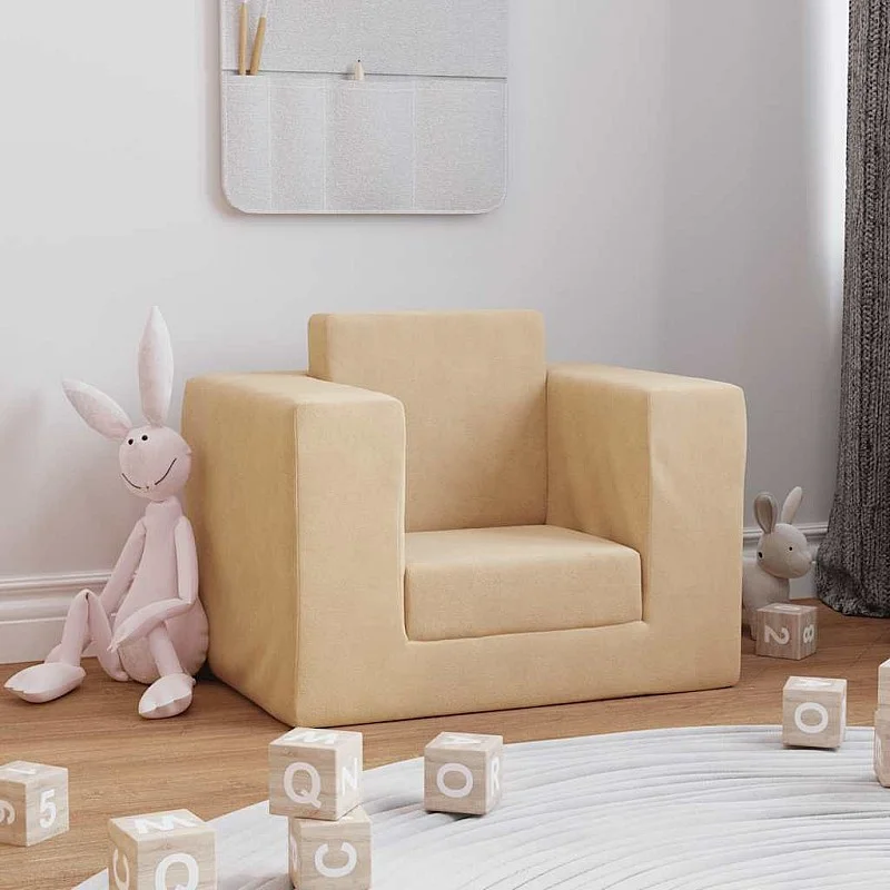 Vaikiška sofa-lova, kreminės spalvos, minkštas pliušas Vaikiška sofa-lova, kreminės spalvos, minkštas pliušas