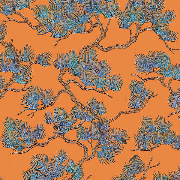 DUTCH WALLCOVERINGS tapetes, priežu apdruka, zilas, oranžas