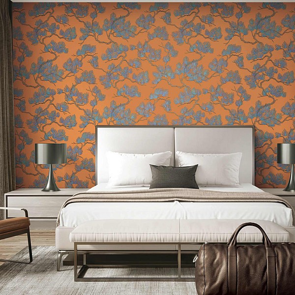 DUTCH WALLCOVERINGS tapetes, priežu apdruka, zilas, oranžas