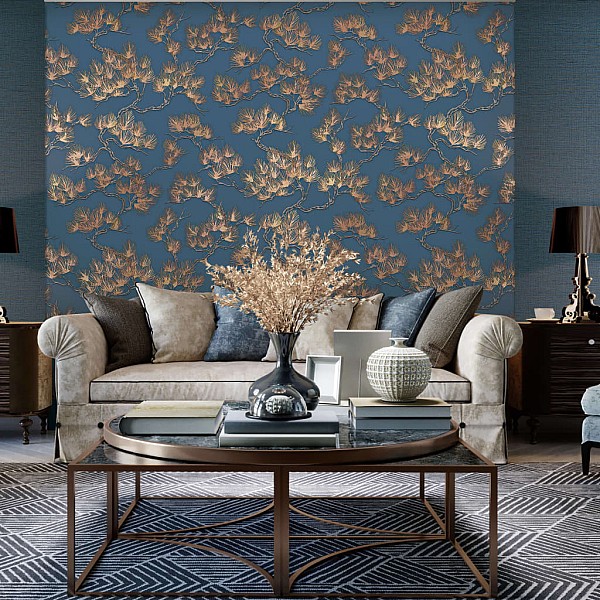 DUTCH WALLCOVERINGS tapete, priedes apdruka, zila ar zeltu