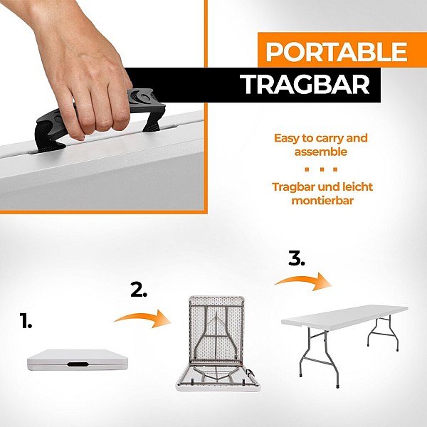 Folding table, 183 cm, portable, up to 150 kg, white.