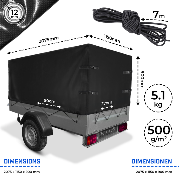 High tarp - 2075 x 1150 x 900 mm, with a rubber strap