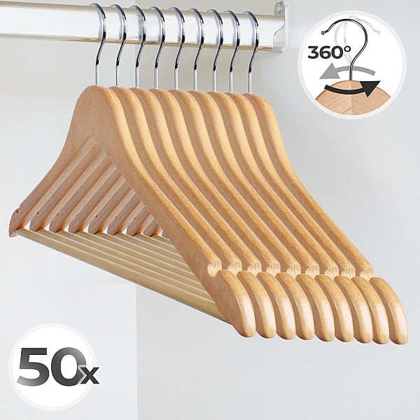 Wooden hangers – 50 pcs, including a trouser bar and notches for straps.