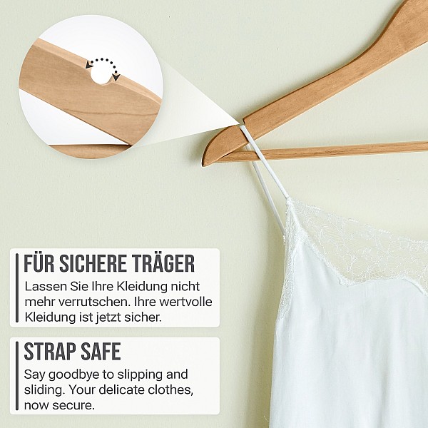 Wooden hangers – 50 pcs, including a trouser bar and notches for straps.