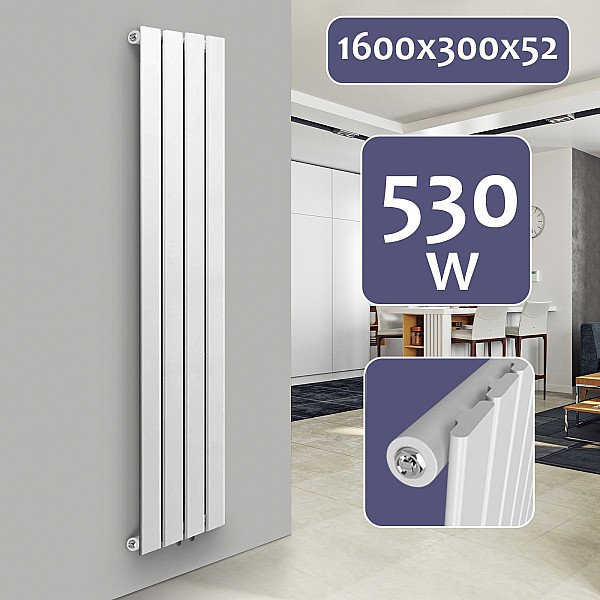 **Radiator – flat panel, steel, set with valves, 1600 x 300 x 52 mm, white.**