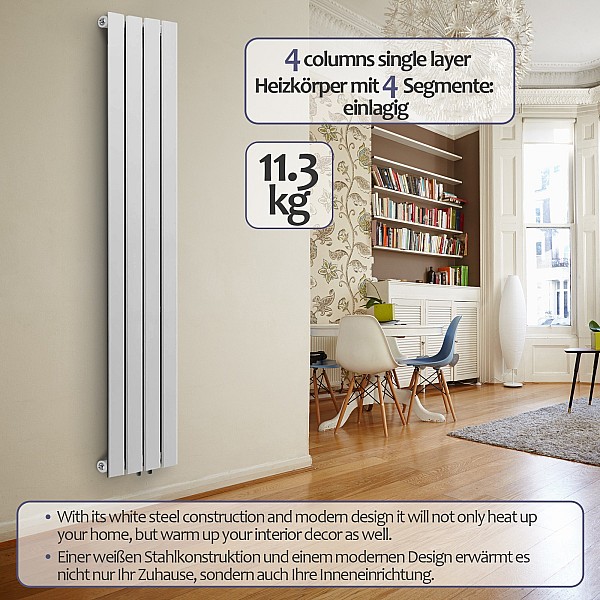 **Radiator – flat panel, steel, set with valves, 1600 x 300 x 52 mm, white.**