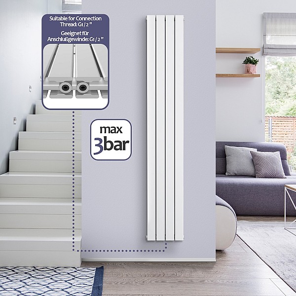 Radiator - vertical, white, 1600x304x69 mm, with a chrome valve.