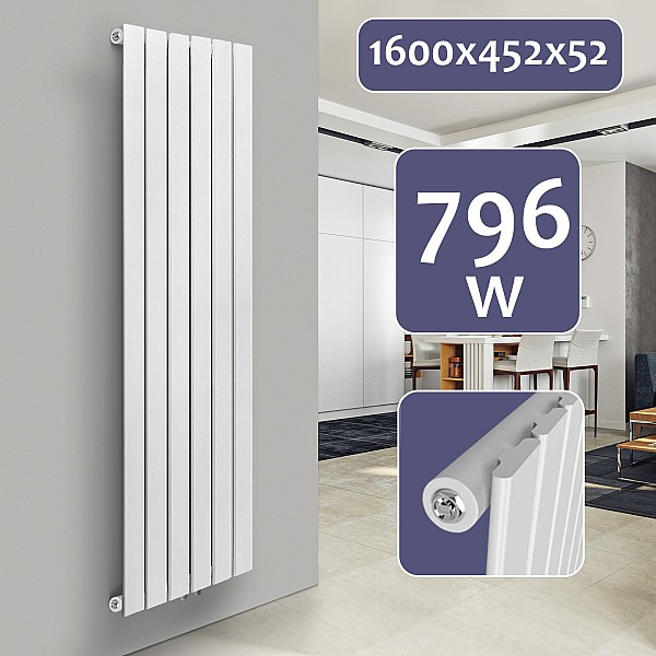 Radiators** – plakana paneļa, tērauda konstrukcija, komplekts ar vārstiem, balts, 1600 x 452 x 52 mm