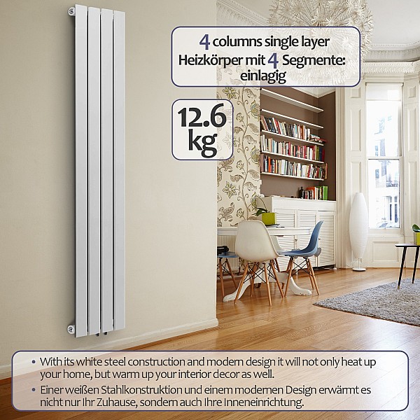 **Radiaator** - Vertikaalne, Valge, 1800x300x52 mm, Kroomitud ventiil.