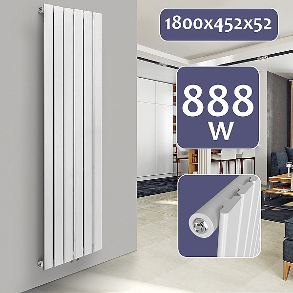 **Radiator – flat panel, steel, set with valves, 1800 x 452 x 52 mm, white.**