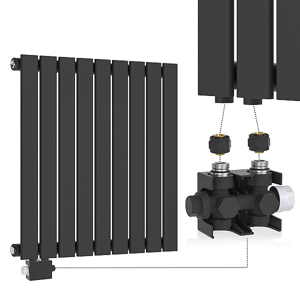 Radiator - horizontal, flat, 600x614x52 mm, anthracite thermostat head.