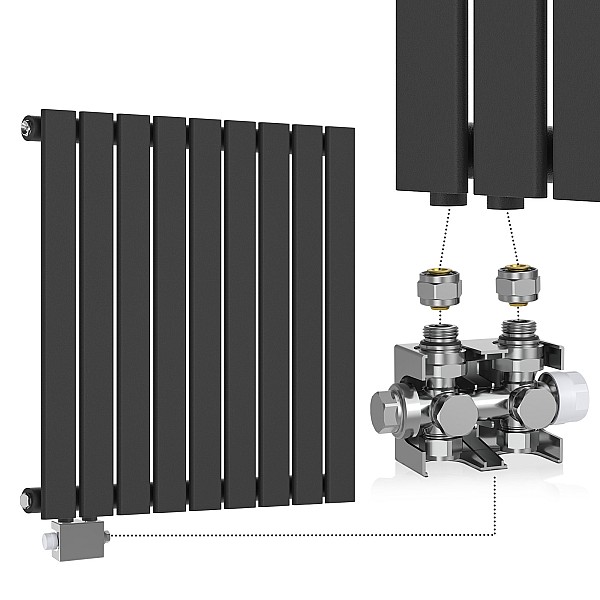 Radiator - horizontal, flat, 600x614x52 mm, with a chrome thermostat head.