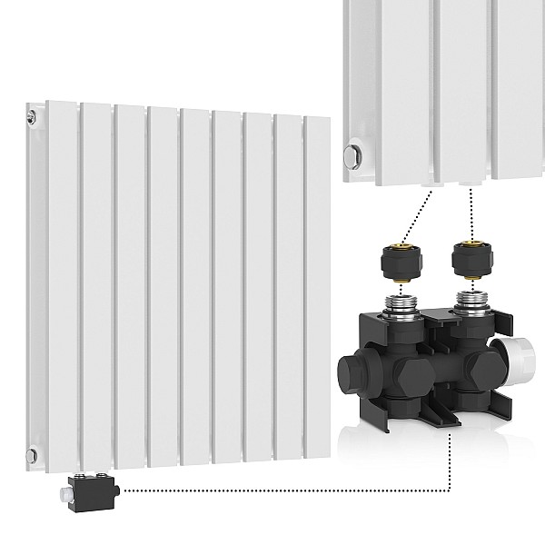 Radiator - horizontal, flat, 600x614x69 mm, with a chrome thermostat head.