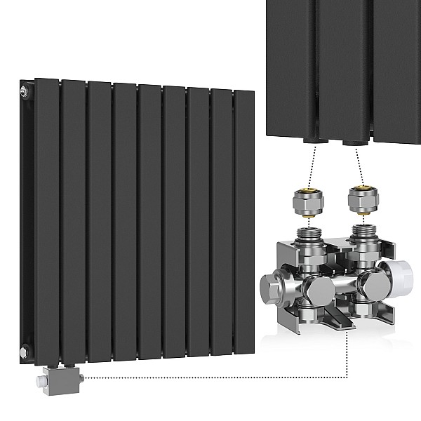 Radiatorius – horizontalus, plokščias, 600x614x69 mm, su chromuota termogalvute.