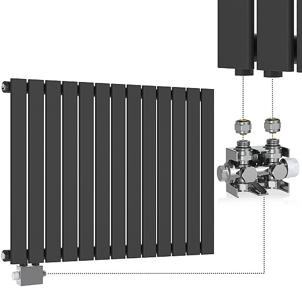 Radiators - plakans panelis, tērauda, komplekts ar vārstiem/termogalvu, 600 x 886 x 52 mm, antracīta krāsā