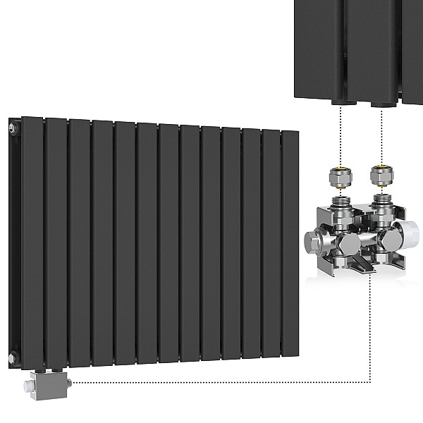 **Radiator – flat panel, steel, set with valves, 600 x 614 x 69 mm, anthracite color.**