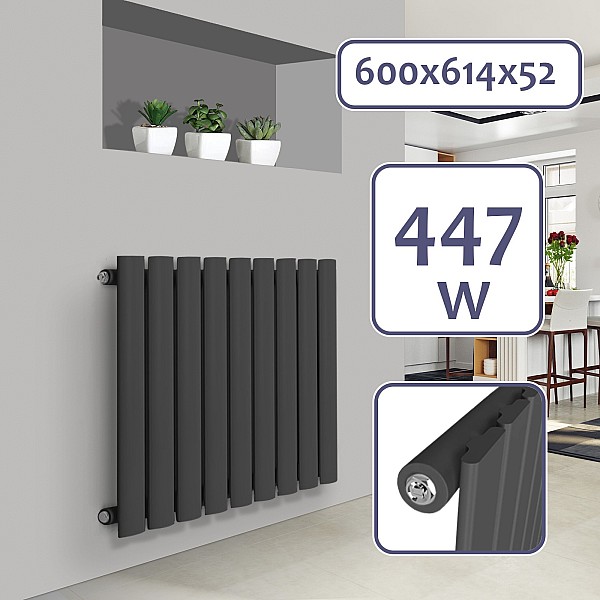 Radiaator - horisontaalne, lame, 600x614x52 mm, kroomitud termostaatpea.