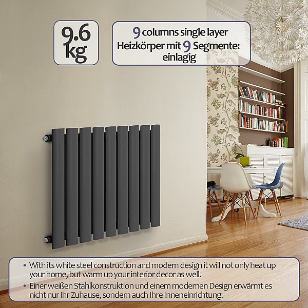 Radiator - horizontal, flat, 600x614x52 mm, with a chrome thermostat head.