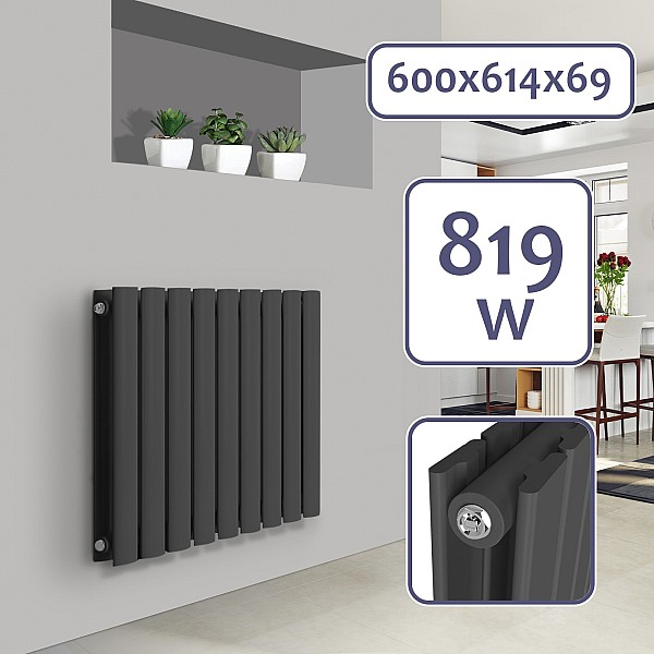 Radiator - horizontal, flat, 600x614x69 mm, anthracite thermostatic head.