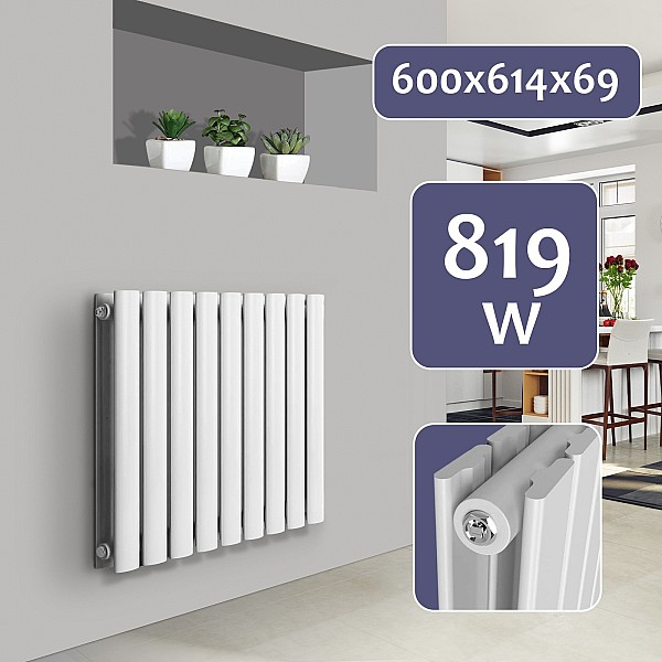 Radiator - horizontal, flat, 600x614x69 mm, with a chrome thermostat head.