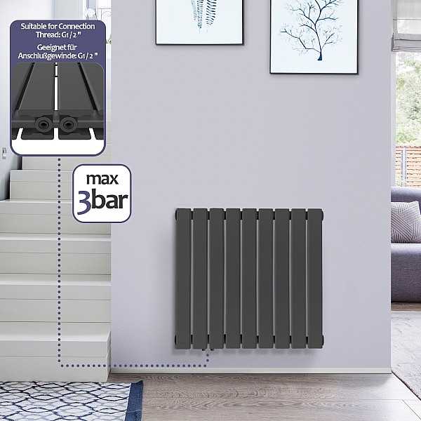 Radiator – horizontal, flat, 600x614x69 mm, with a chrome thermostatic head.