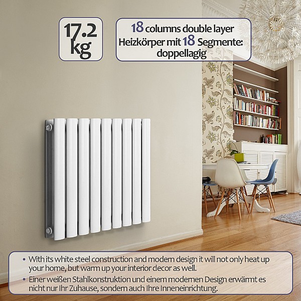 Radiator - horizontal, flat, 600x614x69 mm, with a chrome thermostat head.