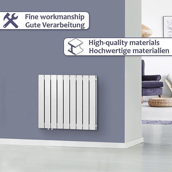 Radiator - horizontal, flat, 600x614x69 mm, with a chrome thermostat head.