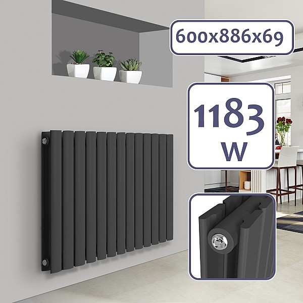 **Radiator – flat panel, steel, set with valves, 600 x 614 x 69 mm, anthracite color.**