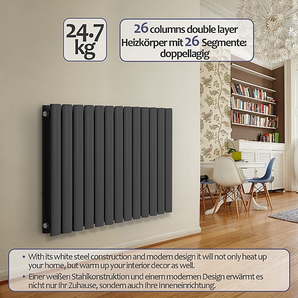 **Radiator – flat panel, steel, set with valves, 600 x 614 x 69 mm, anthracite color.**