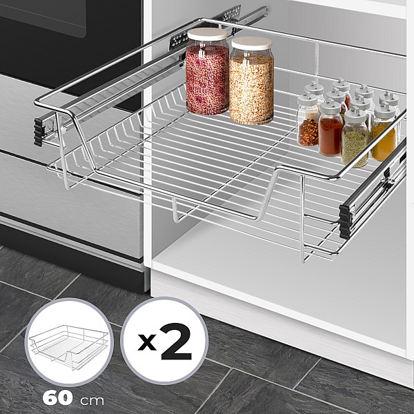 Telescopic drawer - 60 cm, set of 2, including rails, suitable for cabinets with a width of 30, 40, 50, or 60 cm.