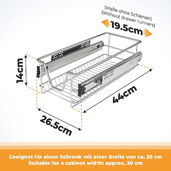 Telescopic drawer - 30 cm, set of 2 pcs, including rails.