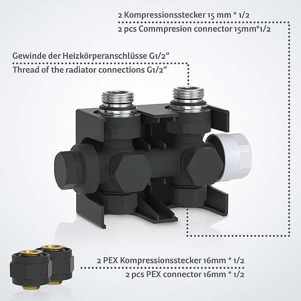 Radiator - Vertical, Flat, White, 1600x452x52 mm, with anthracite-colored thermostatic valve/head, Central connection - ''HB''.