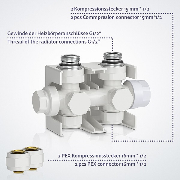 Termostaadiga ventiil - 1/2 tolli, valge - radiaatori ühendusplokk, termopea.