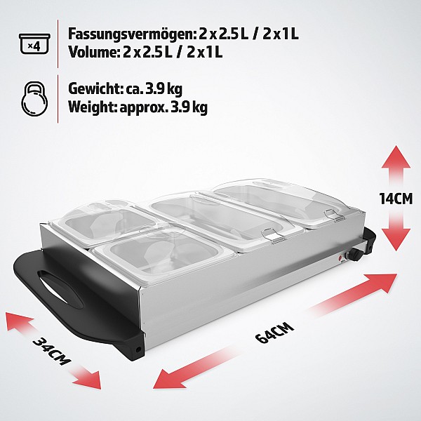 Bufetes sildītājs - elektrisks, ar sildīšanas plāksnes funkciju, 2x2,5L + 2x1L