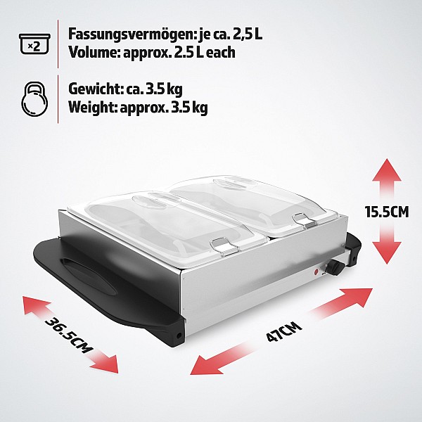 Bufetes sildītājs - 1, elektrisks, ar sildīšanas plāksnes funkciju, 2x2,5L