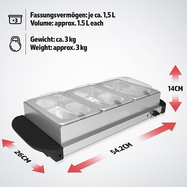 **Buffet soojendaja** - elektriline, kuumutusplaadi funktsiooniga, 3x1,5L