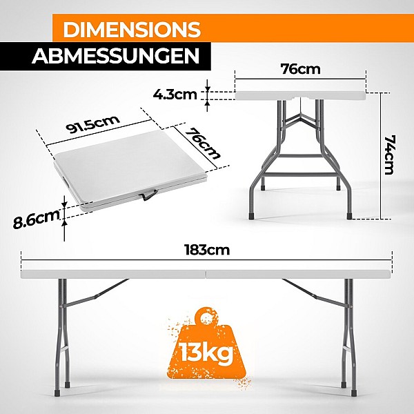 Folding table, 183 cm, portable, up to 150 kg, white.