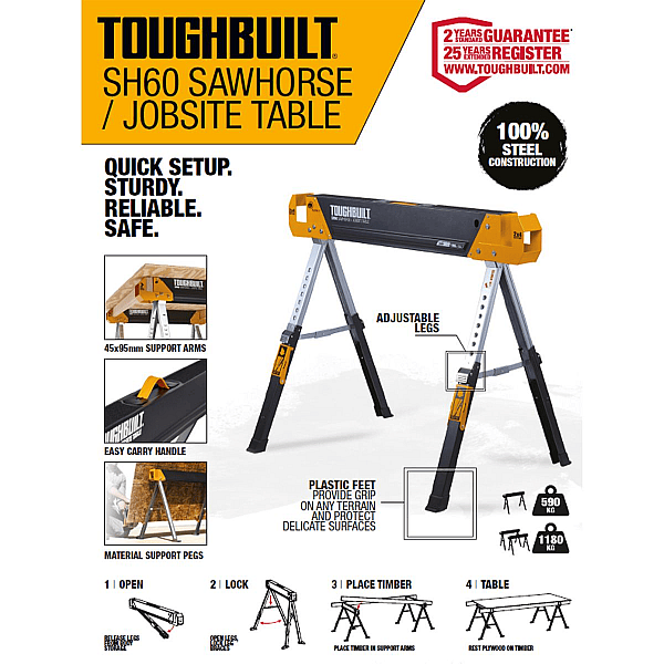 Toughbuilt 2x gab. komplekts Darba zāģstendi / Galdi būvlaukumiem / Āži / Steķi TB-SH60-2 1210001302020