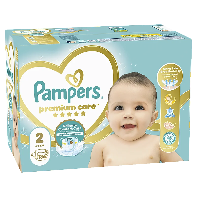 Pampers Premium Care Tape Diapers, Size 2, 136 Diapers, 4-8kg