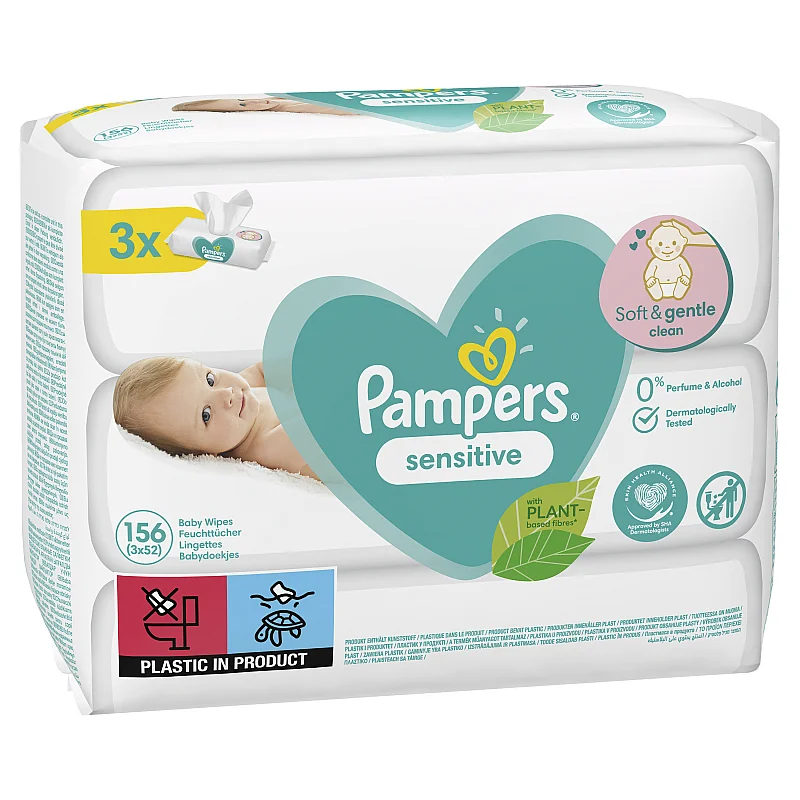 Pampers Sensitive Mitrās Salvetes Mazuļiem: 3 Iepakojumā, 156 Mitrās Salvetes
