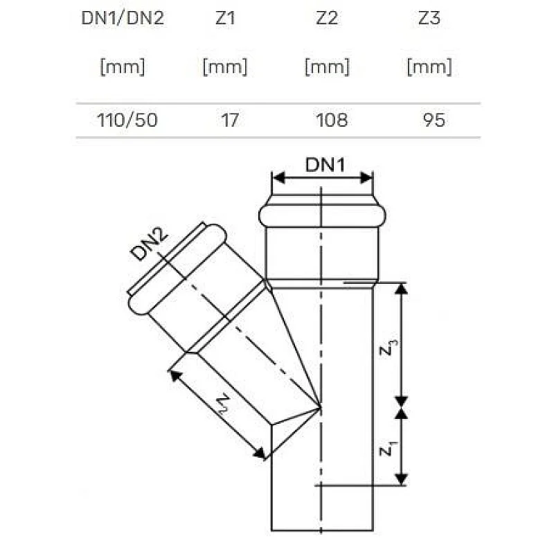 Ar trīs zariem iekštelpu kanalizācijai Skolan 110x58 mm. 45° Ar trīs zariem iekštelpu kanalizācijai Skolan 110x58 mm. 45°