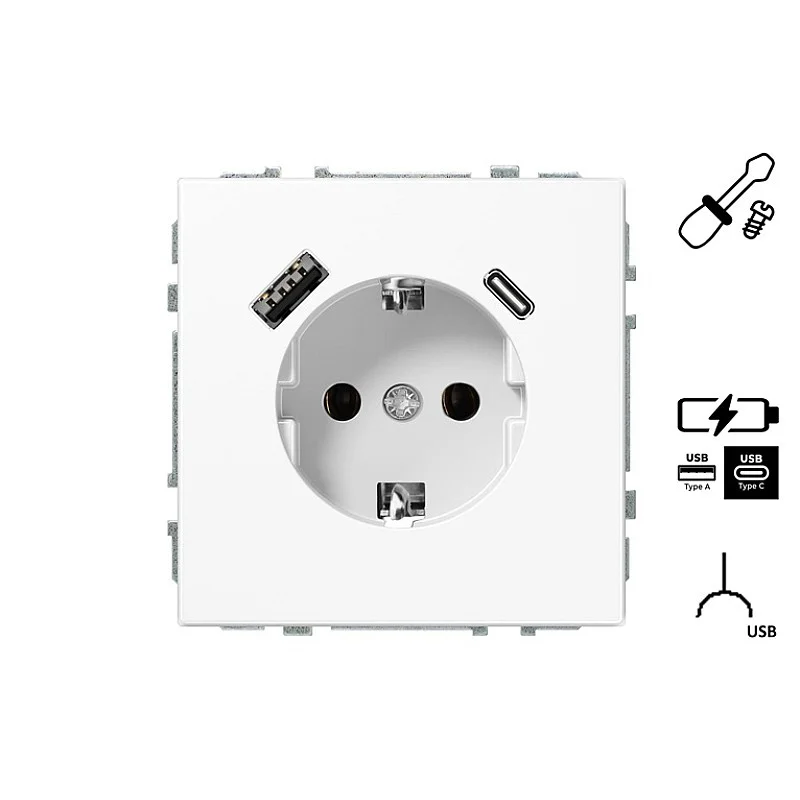 Kištukinis lizdas ir USB A+C kroviklis LIREGUS MODERN.balta